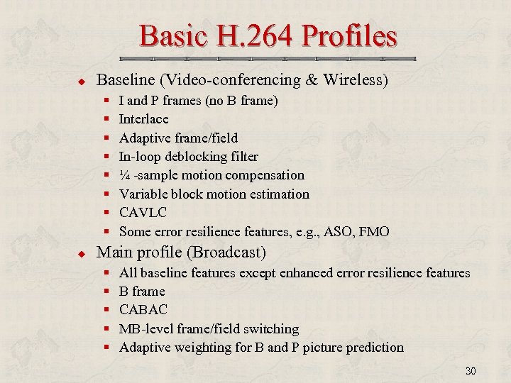 Basic H. 264 Profiles u Baseline (Video-conferencing & Wireless) § § § § u