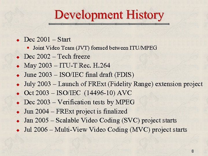 Development History u Dec 2001 – Start § Joint Video Team (JVT) formed between