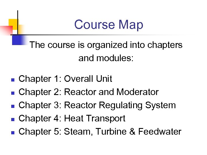 Course Map The course is organized into chapters and modules: n n n Chapter