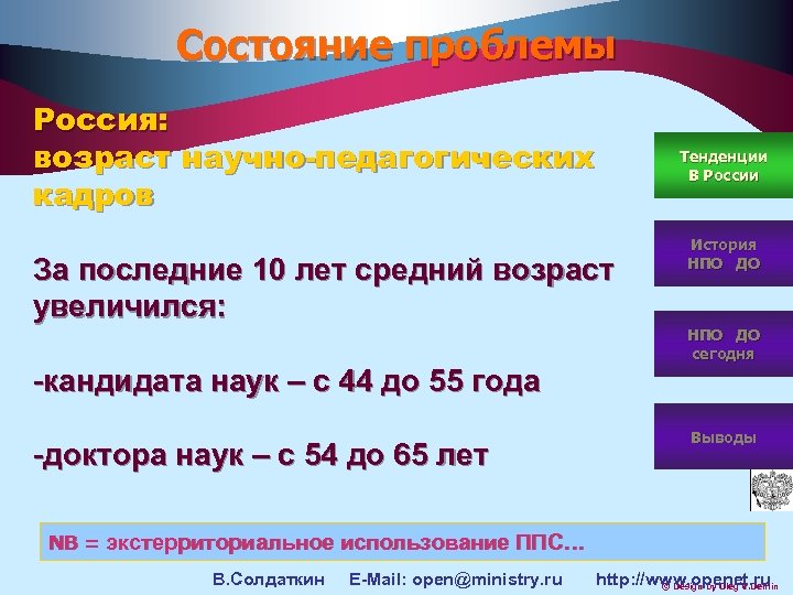 Состояние проблемы Россия: возраст научно-педагогических кадров За последние 10 лет средний возраст увеличился: -кандидата