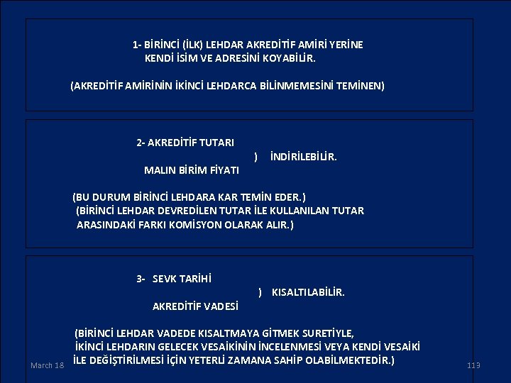 1 - BİRİNCİ (İLK) LEHDAR AKREDİTİF AMİRİ YERİNE KENDİ İSİM VE ADRESİNİ KOYABİLİR. (AKREDİTİF