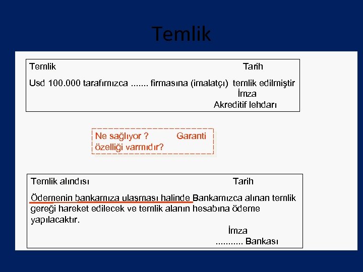 Temlik Tarih Temlik Usd 100. 000 tarafımızca. . . . firmasına (imalatçı) temlik edilmiştir