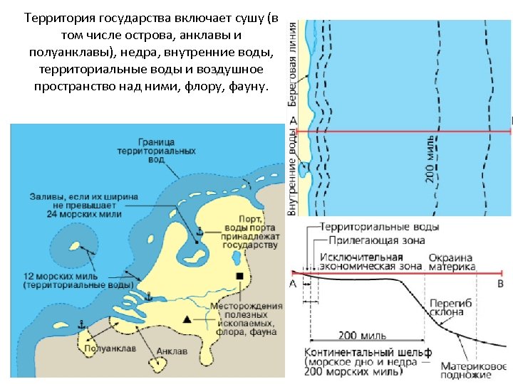 Территория государства включает сушу (в том числе острова, анклавы и полуанклавы), недра, внутренние воды,