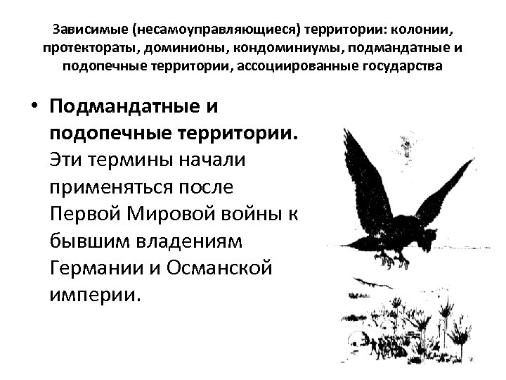 Зависимые (несамоуправляющиеся) территории: колонии, протектораты, доминионы, кондоминиумы, подмандатные и подопечные территории, ассоциированные государства •