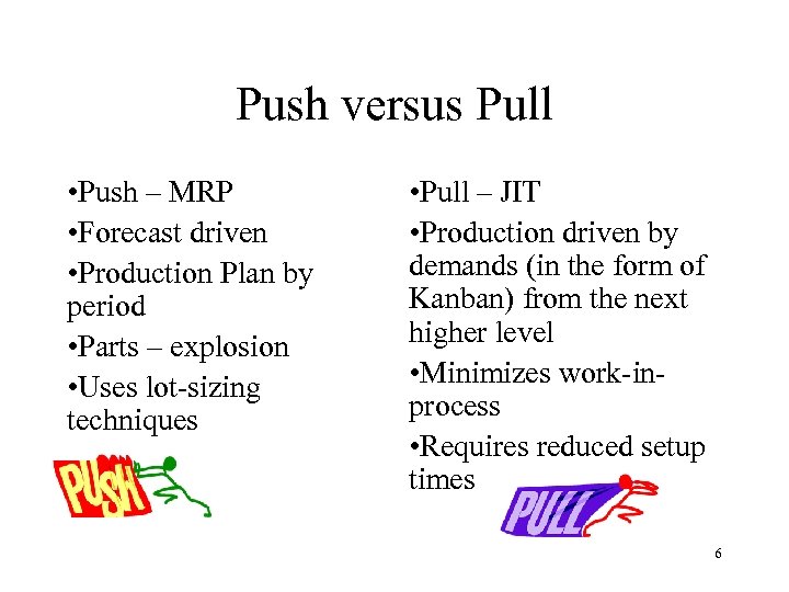 Push versus Pull • Push – MRP • Forecast driven • Production Plan by