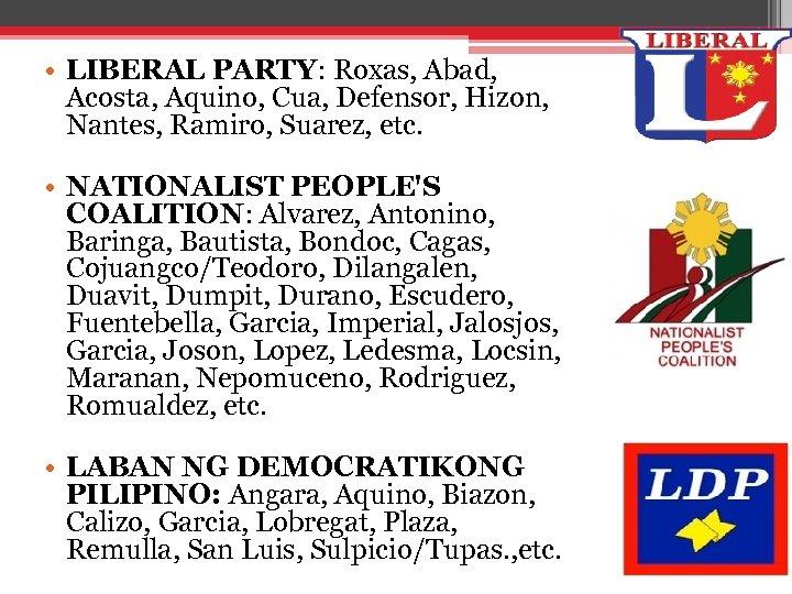  • LIBERAL PARTY: Roxas, Abad, Acosta, Aquino, Cua, Defensor, Hizon, Nantes, Ramiro, Suarez,