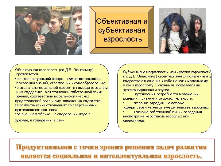 Объективная и субъективная взрослость Объективная взрослость (по Д. Б. Эльконину) проявляется: • в интеллектуальной