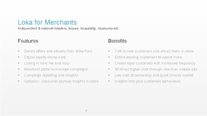 Loka for Merchants Independent & national retailers, leisure, hospitality, museums etc. Features Benefits §