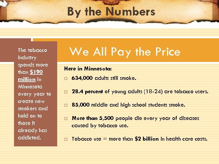 By the Numbers The tobacco industry spends more than $190 million in Minnesota every