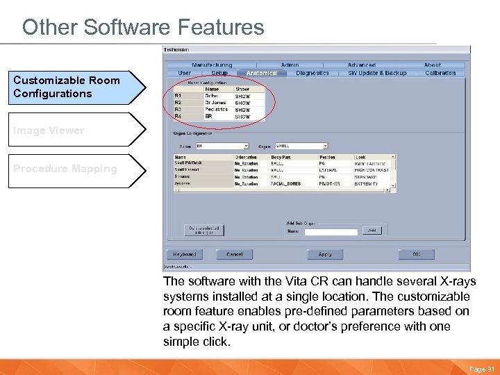 Other Software Features Customizable Room Configurations Image Viewer Procedure Mapping The software with the