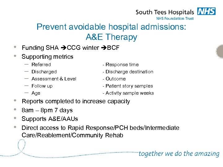 Prevent avoidable hospital admissions: A&E Therapy • • • Funding SHA CCG winter BCF