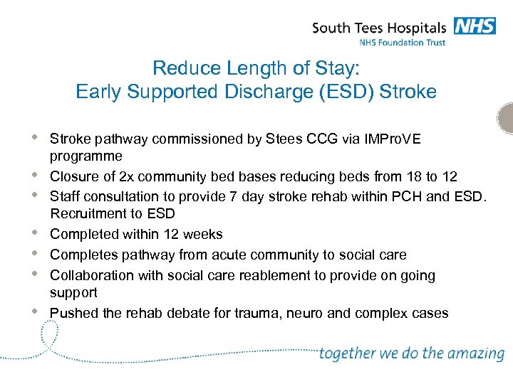 Reduce Length of Stay: Early Supported Discharge (ESD) Stroke • • Stroke pathway commissioned