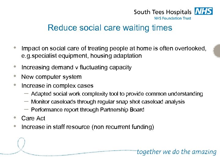 Reduce social care waiting times • Impact on social care of treating people at