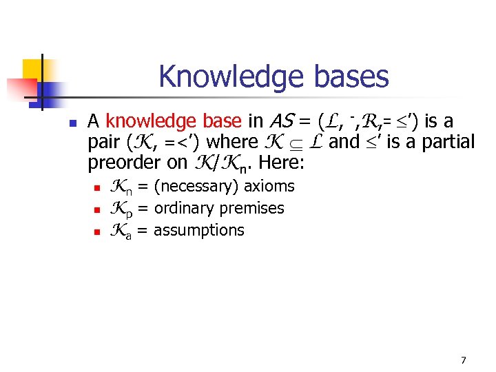 Knowledge bases n A knowledge base in AS = (L, -, R, = ’)