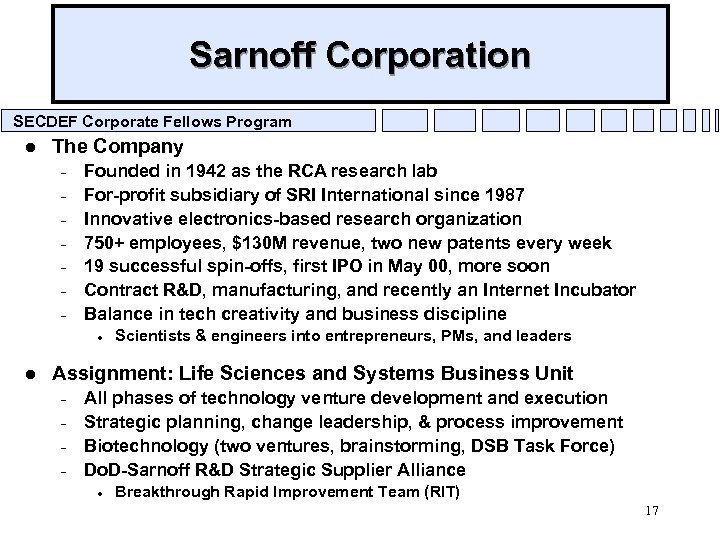 Sarnoff Corporation SECDEF Corporate Fellows Program l The Company – – – – Founded