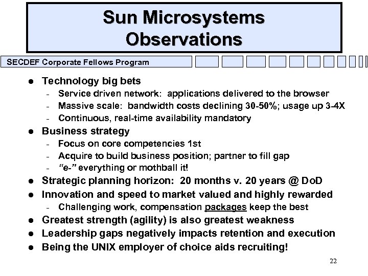 Sun Microsystems Observations SECDEF Corporate Fellows Program l Technology big bets – – –