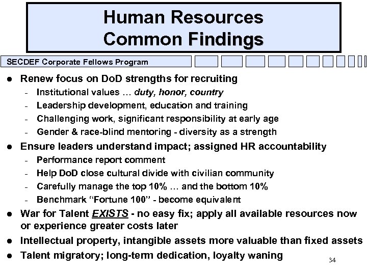 Andersen Consulting Human Resources Common Findings Observations/Recommendations SECDEF Corporate Fellows Program l Renew focus