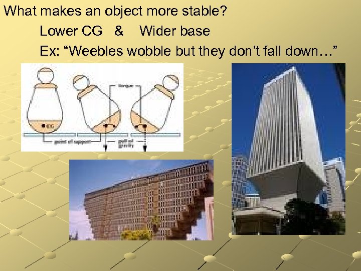 What makes an object more stable? Lower CG & Wider base Ex: “Weebles wobble