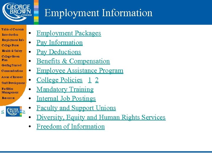 Employment Information Table of Contents Introduction Employment Info College Dates Health & Safety College