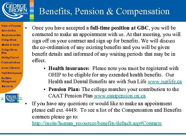 Benefits, Pension & Compensation Table of Contents Introduction Employment Info College Dates Health &