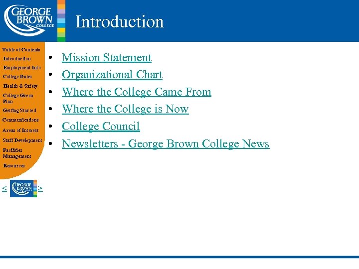 Introduction Table of Contents Introduction Employment Info College Dates Health & Safety College Green