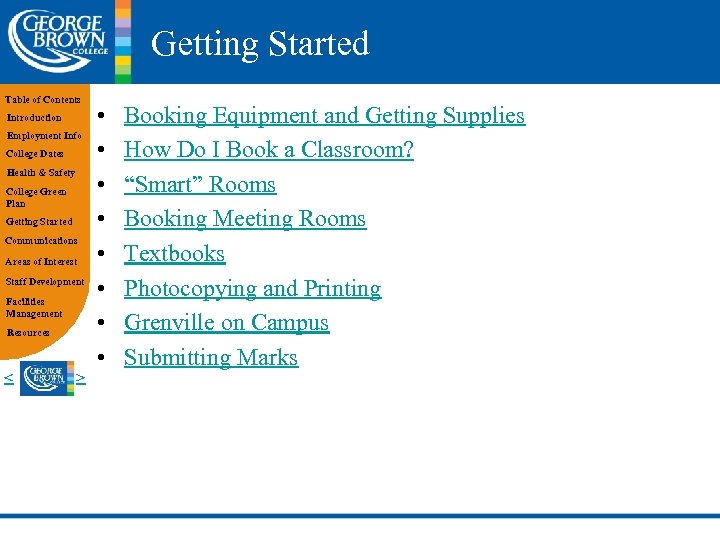 Getting Started Table of Contents Introduction Employment Info College Dates Health & Safety College