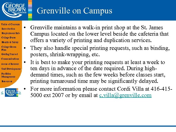 Grenville on Campus Table of Contents Introduction Employment Info College Dates Health & Safety