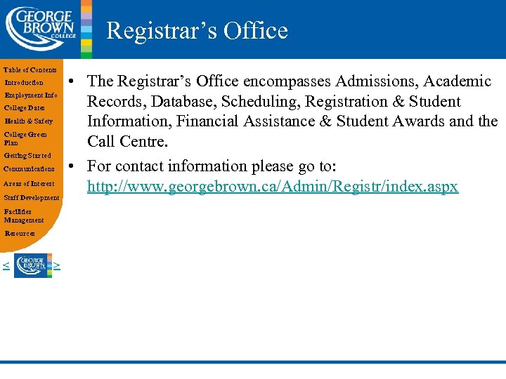 Registrar’s Office Table of Contents Introduction Employment Info College Dates Health & Safety College