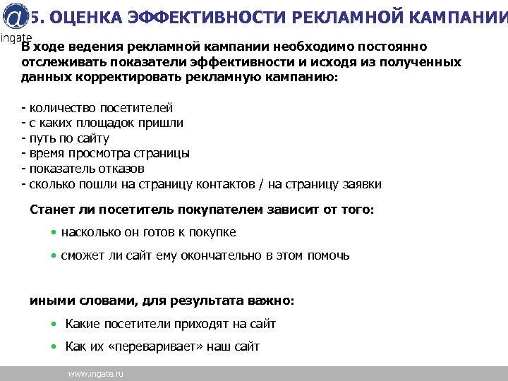 5. ОЦЕНКА ЭФФЕКТИВНОСТИ РЕКЛАМНОЙ КАМПАНИИ В ходе ведения рекламной кампании необходимо постоянно отслеживать показатели