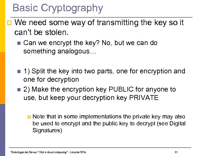 Basic Cryptography p We need some way of transmitting the key so it can’t