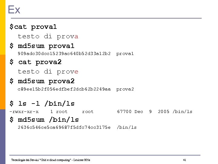 Ex $cat prova 1 testo di prova $ md 5 sum prova 1 909