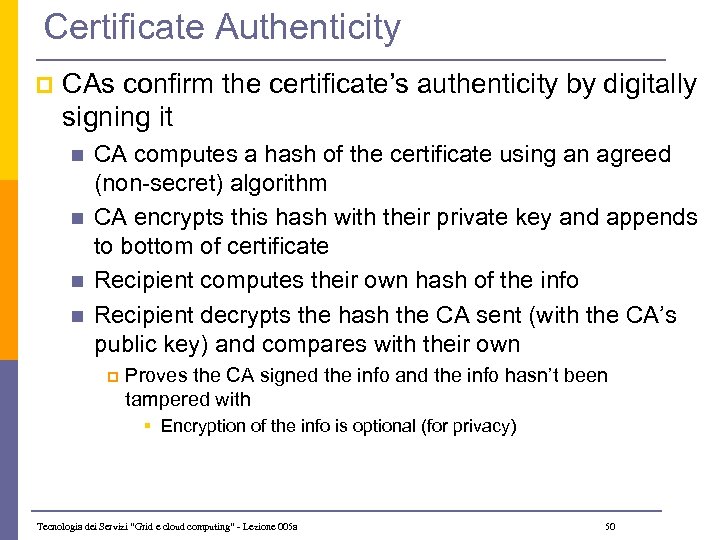 Certificate Authenticity p CAs confirm the certificate’s authenticity by digitally signing it n n