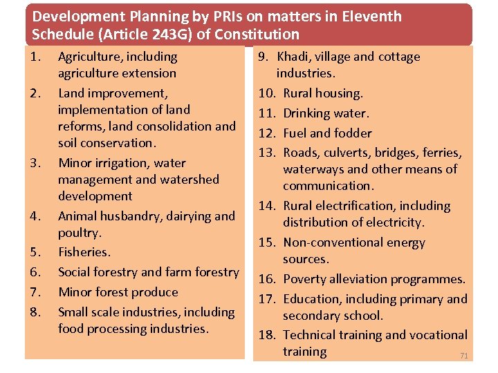 Development Planning by PRIs on matters in Eleventh Schedule (Article 243 G) of Constitution