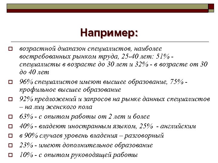 Например: o o o o возрастной диапазон специалистов, наиболее востребованных рынком труда, 25 -40