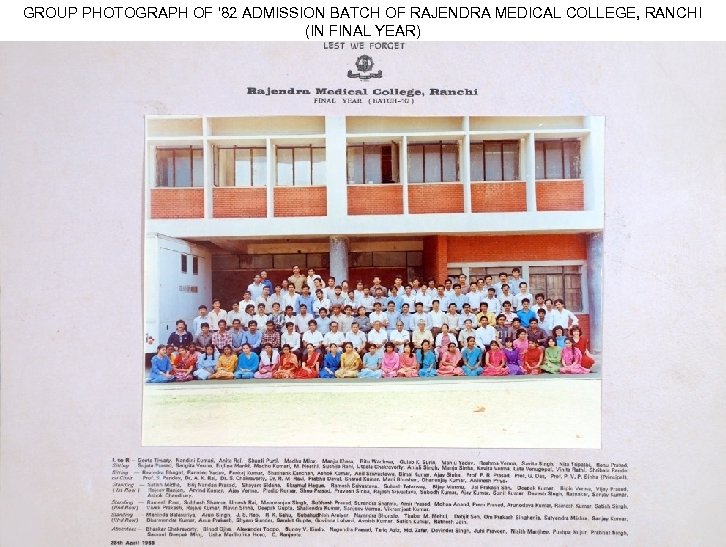 GROUP PHOTOGRAPH OF ‘ 82 ADMISSION BATCH OF RAJENDRA MEDICAL COLLEGE, RANCHI (IN FINAL