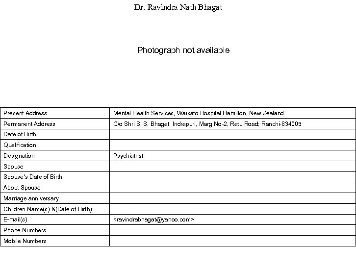 Dr. Ravindra Nath Bhagat Photograph not available Present Address Mental Health Services, Waikato Hospital