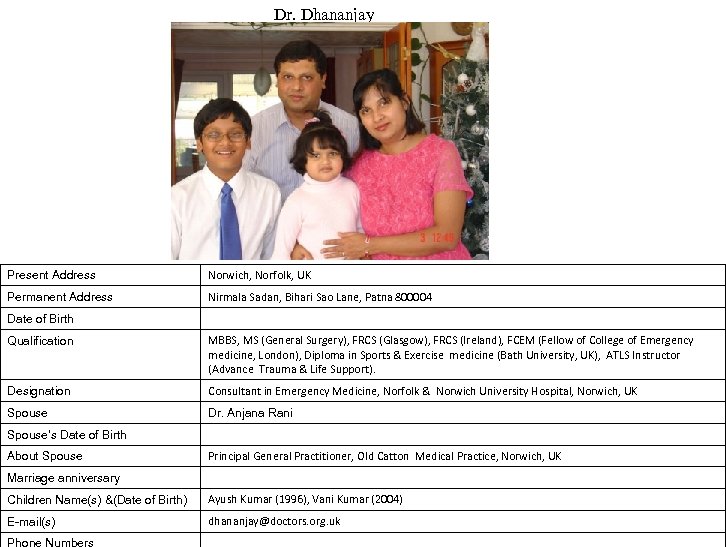 Dr. Dhananjay Present Address Norwich, Norfolk, UK Permanent Address Nirmala Sadan, Bihari Sao Lane,