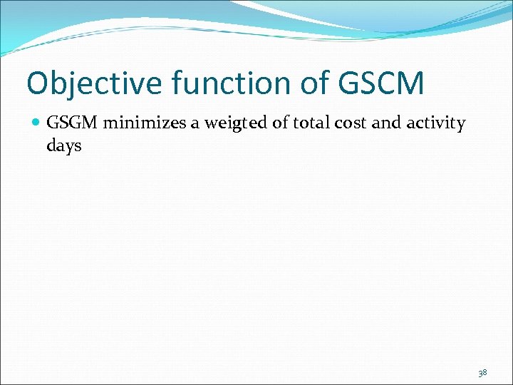 Objective function of GSCM GSGM minimizes a weigted of total cost and activity days