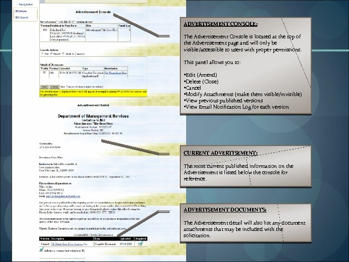 ADVERTISEMENT CONSOLE: The Advertisement Console is located at the top of the Advertisement page