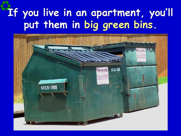 If you live in an apartment, you’ll put them in big green bins. 