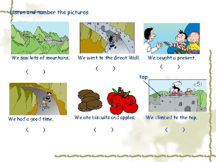 Listen and number the pictures We saw lots of mountains. （ ） We had