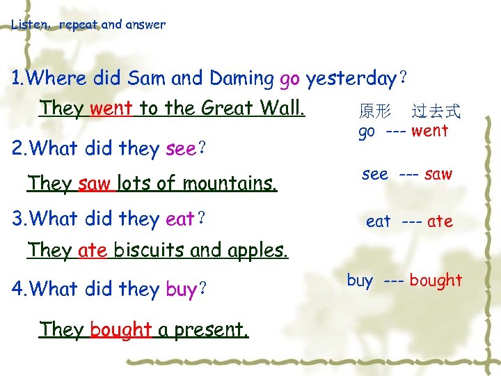Listen，repeat and answer 1. Where did Sam and Daming go yesterday？ They went to
