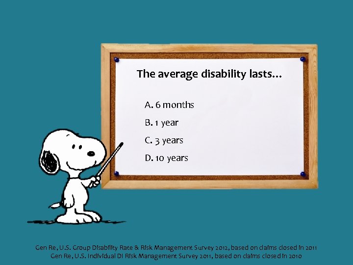 The average disability lasts… A. 6 months B. 1 year C. 3 years D.