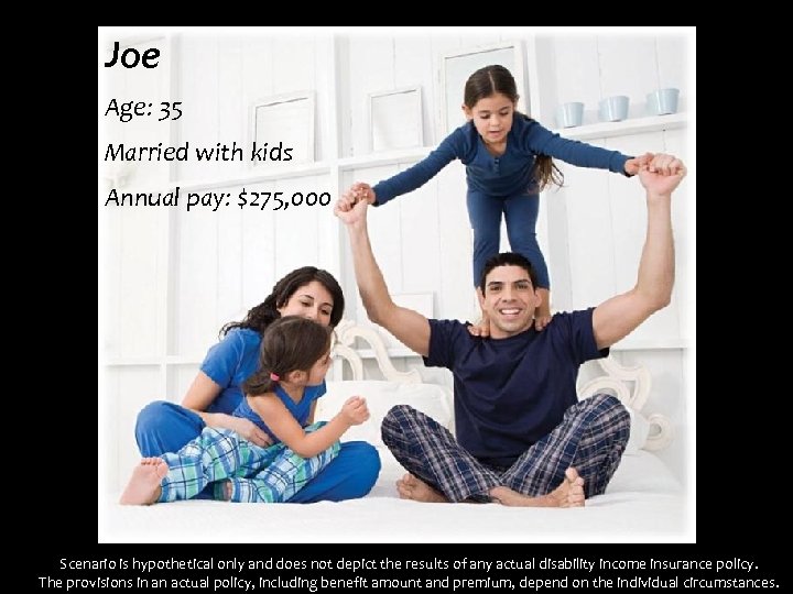 Joe Age: 35 Married with kids Annual pay: $275, 000 Scenario is hypothetical only