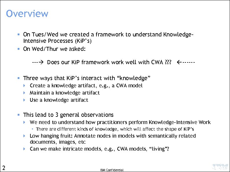 Overview § On Tues/Wed we created a framework to understand Knowledge. Intensive Processes (Ki.