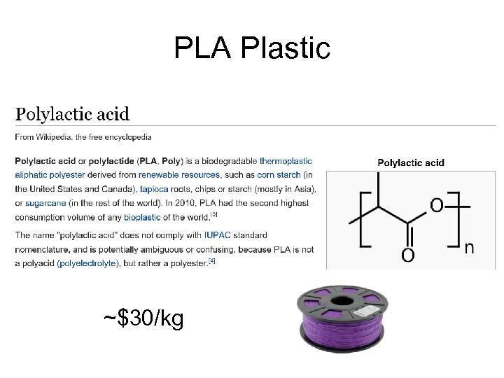 PLA Plastic ~$30/kg 