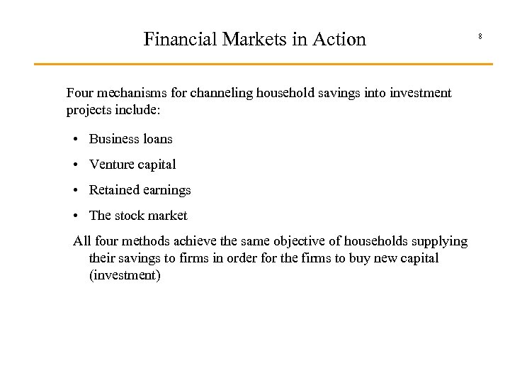 Financial Markets in Action Four mechanisms for channeling household savings into investment projects include: