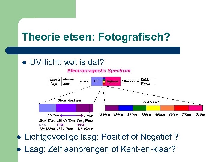 Theorie etsen: Fotografisch? l l l UV-licht: wat is dat? Lichtgevoelige laag: Positief of