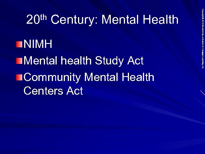 NIMH Mental health Study Act Community Mental Health Centers Act Copyright © 2012 Brooks/Cole,