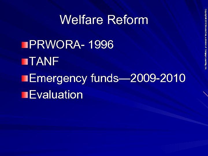PRWORA- 1996 TANF Emergency funds— 2009 -2010 Evaluation Copyright © 2012 Brooks/Cole, a division
